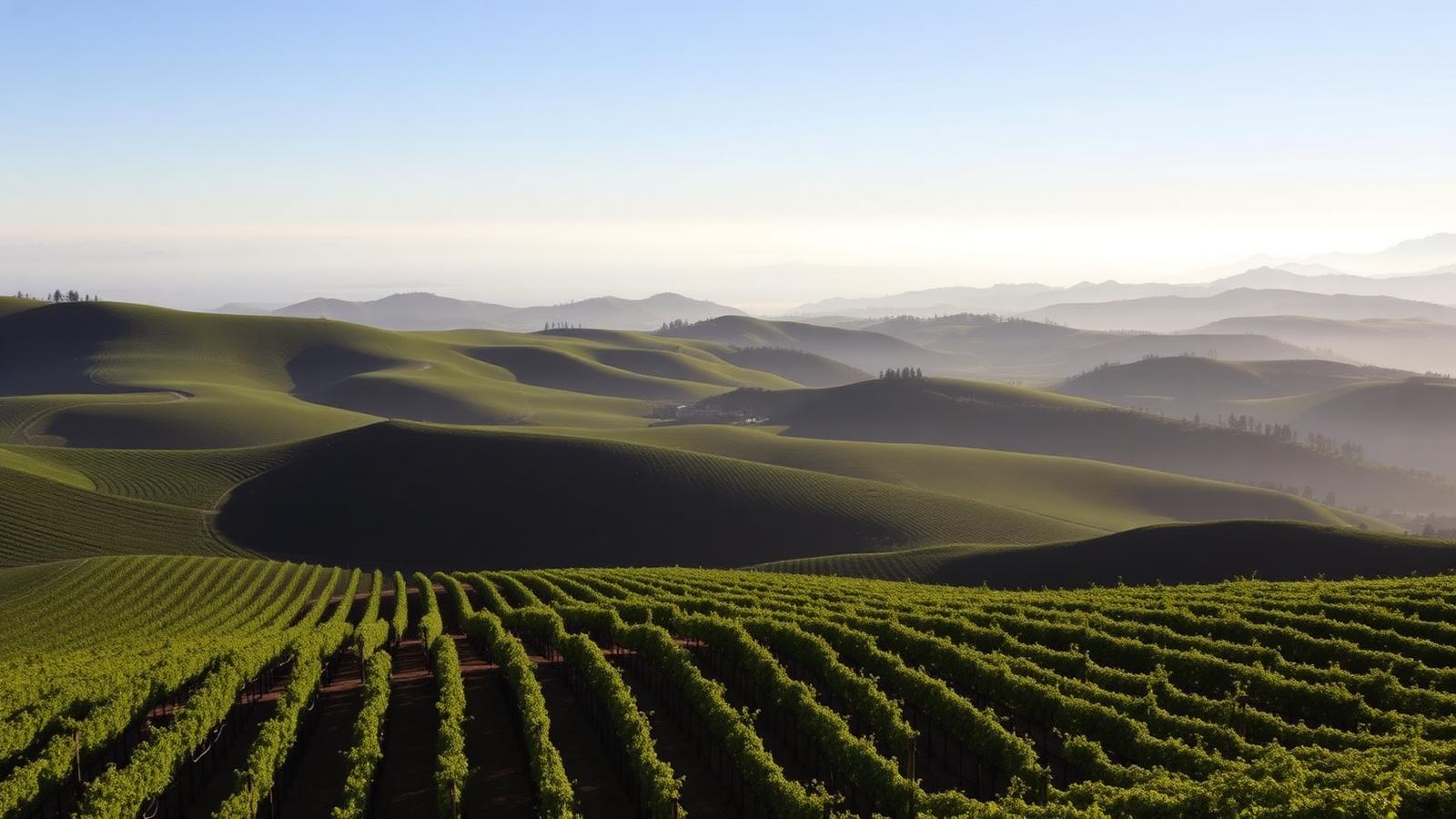 Rolling green hills and vineyard rows north of San Francisco with coastal fog resting on the distant ridgelines at sunrise