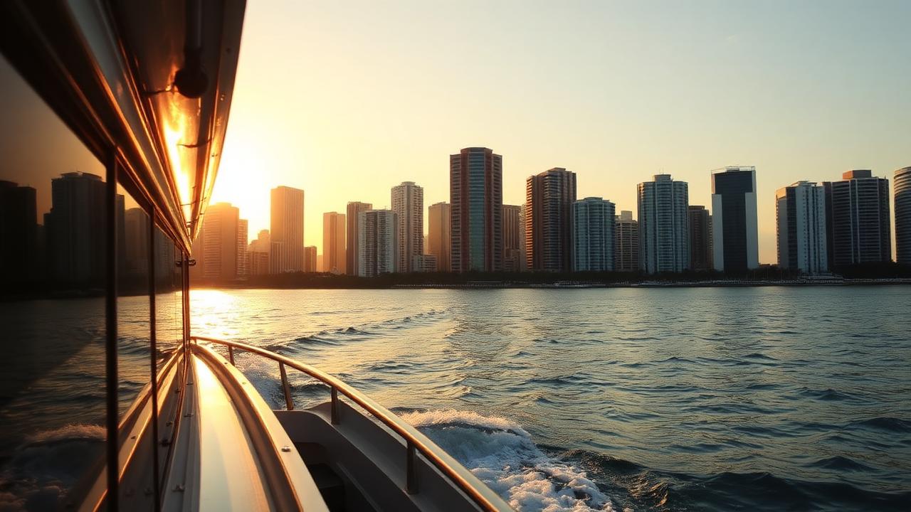 Sightseeing boat crossing Biscayne Bay at golden hour with the Miami downtown skyline of high-rise towers behind