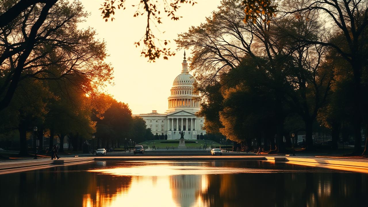 The US Capitol dome at golden hour seen down the National Mall, reflected in a still pool