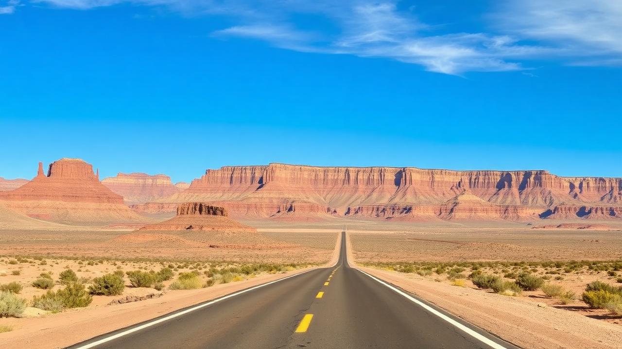 Empty desert highway leading toward red rock mesas and canyon country under a clear blue sky near the Nevada–Arizona border