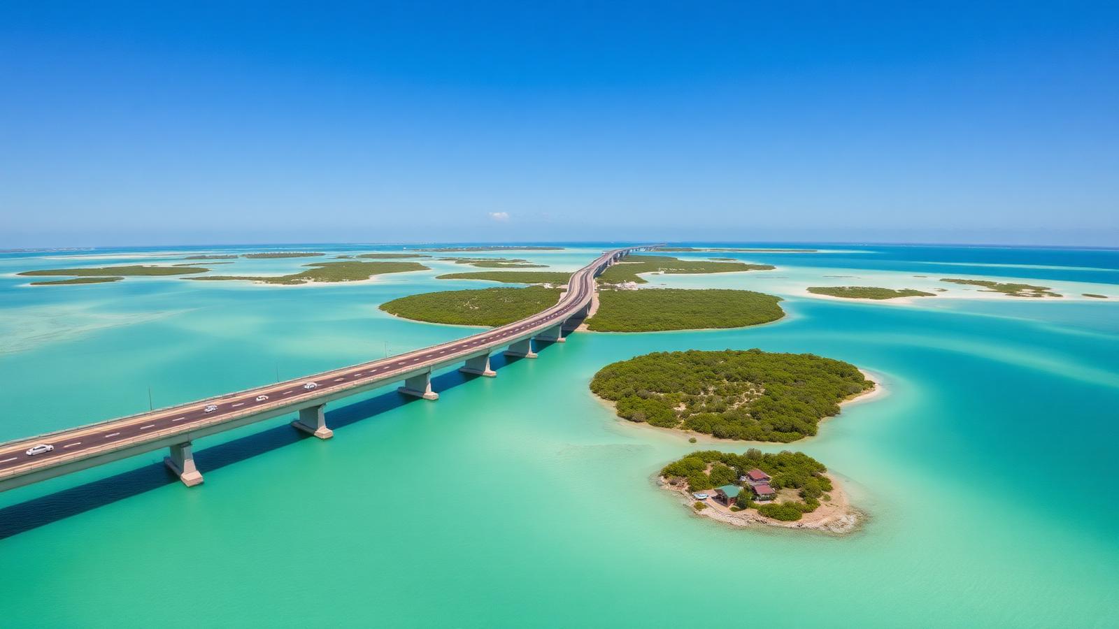 Aerial view of the Overseas Highway bridge crossing shallow turquoise water between mangrove islands in the Florida Keys