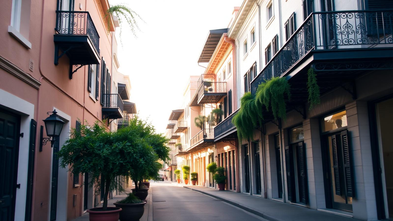 Quiet French Quarter street in New Orleans lined with pastel Creole townhouses, cast-iron balconies and hanging ferns in late afternoon light