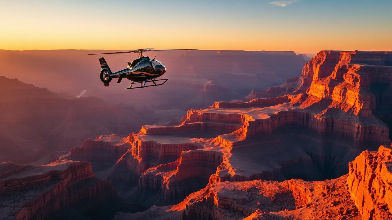 Helicopter flying above the layered red cliffs of the Grand Canyon at golden hour with the canyon stretching to the horizon