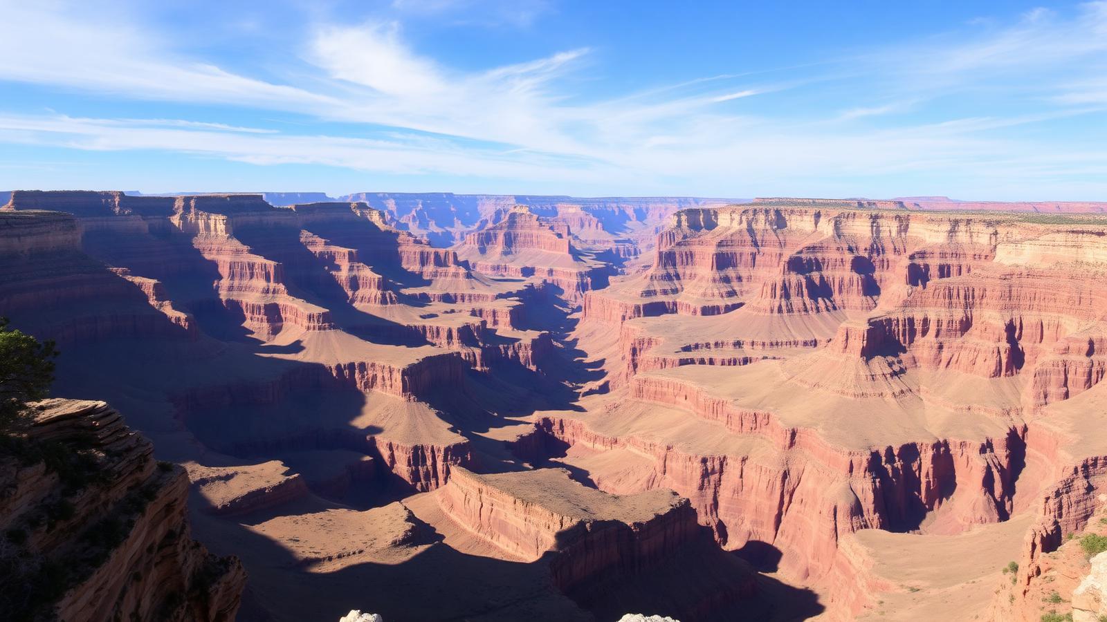 Layered red and tan canyon walls of the Grand Canyon South Rim in clear spring light with long shadows across the buttes