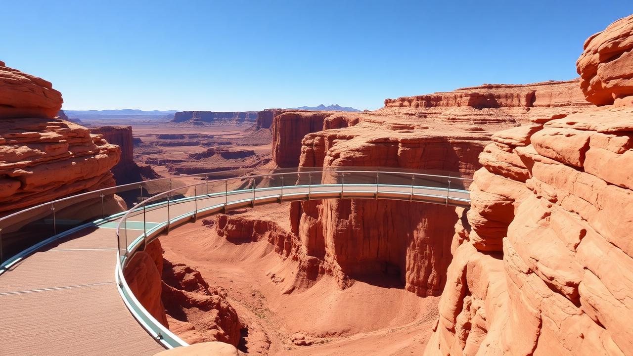 Curved glass-floored walkway cantilevered out over a deep red rock canyon under a clear blue desert sky