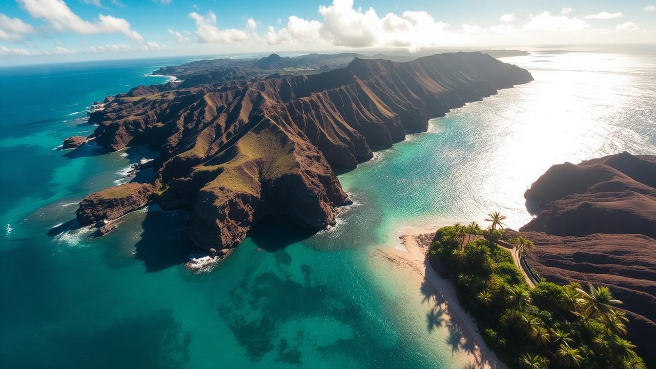 Aerial view of a Hawaiian coastline with turquoise water, eroded volcanic ridges and a palm-lined beach