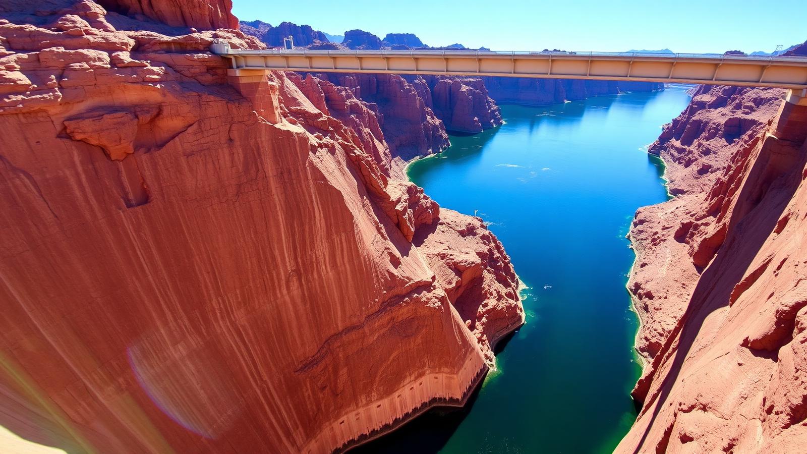 Deep canyon walls of the Colorado River with a high concrete arch bridge crossing above the blue water near the Hoover Dam
