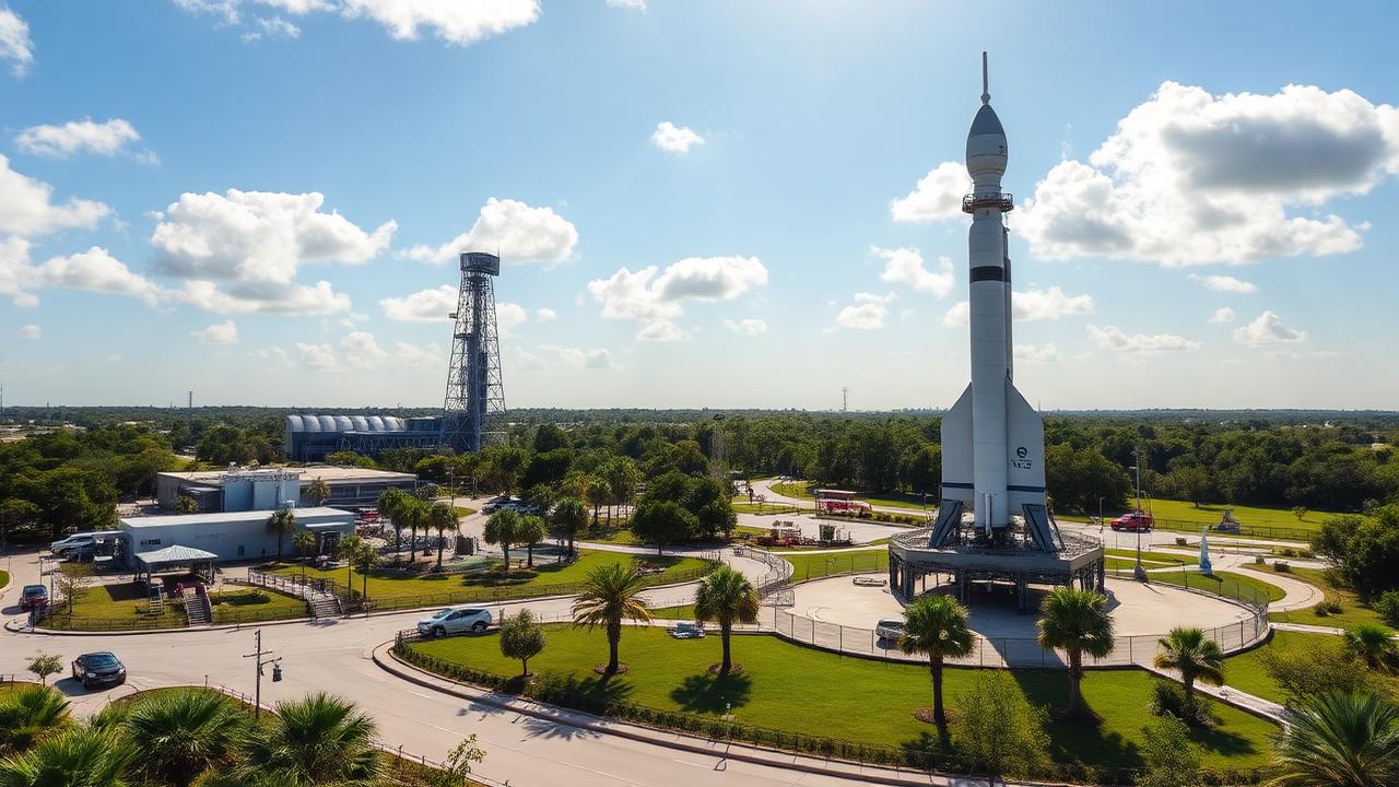 Kennedy Space Center visitor complex under a bright Florida sky with a rocket displayed upright beside the entrance plaza