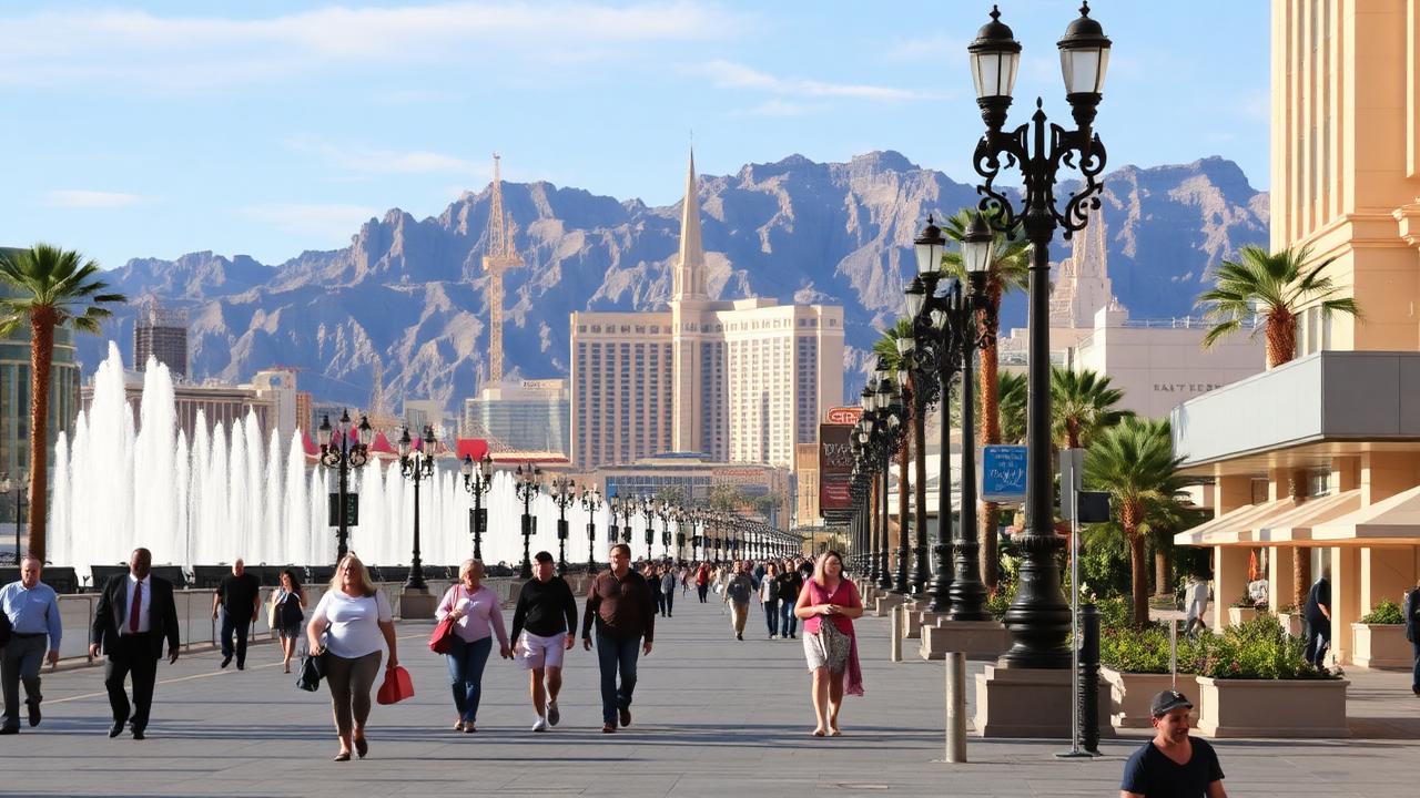 Visitors walking a Las Vegas boulevard sidewalk past fountains with desert mountains behind