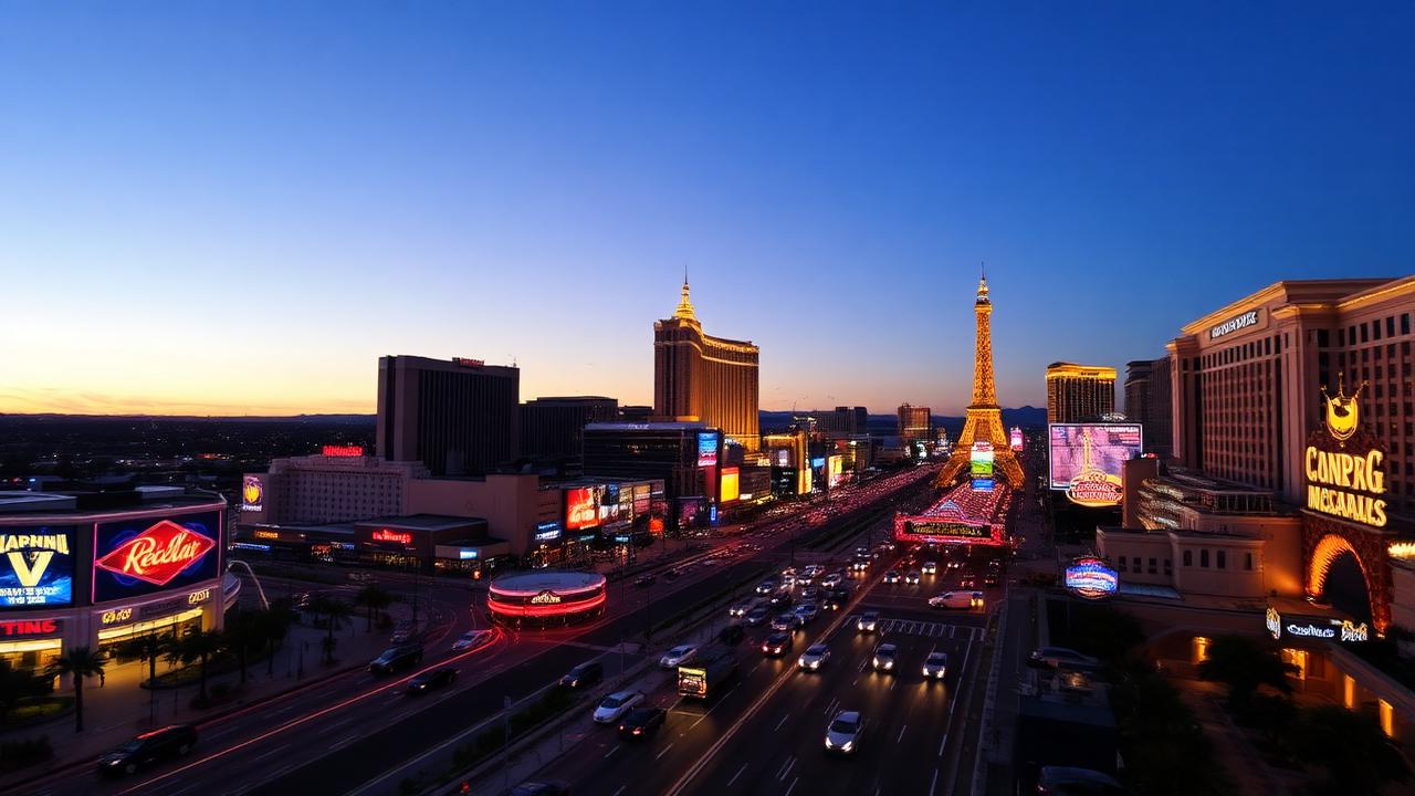 The Las Vegas Strip at dusk with lit casino resort facades and traffic along the boulevard