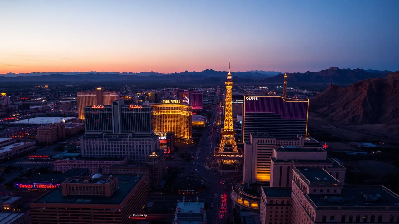 Aerial view of the Las Vegas Strip lit at dusk with desert mountains on the horizon