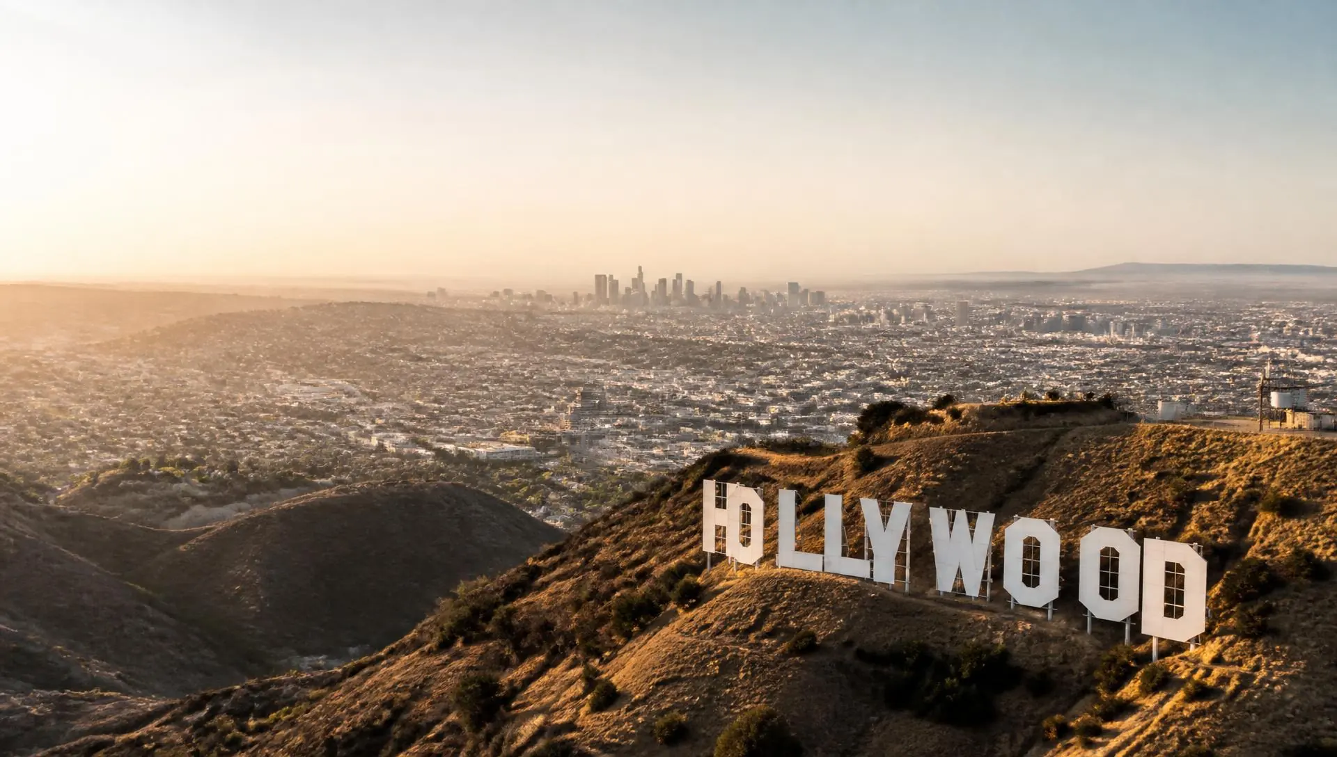 Hollywood Sign on the hillside above the Los Angeles basin