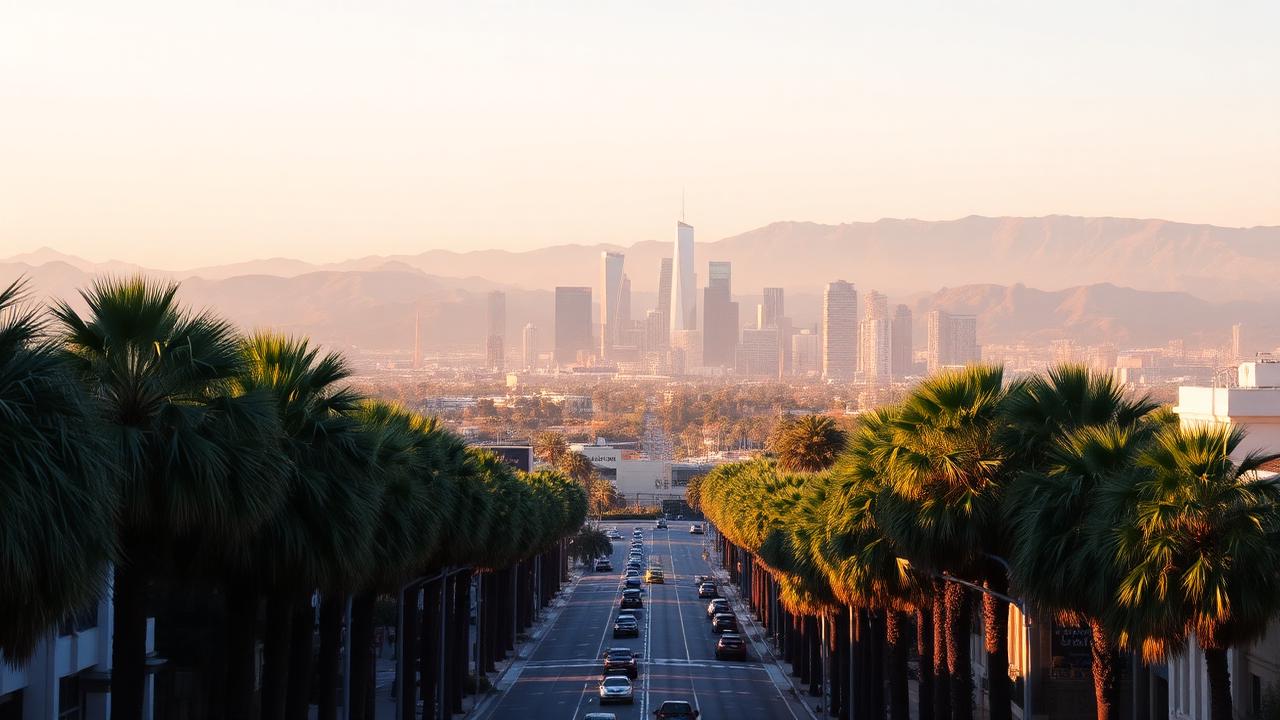 Palm-lined Los Angeles boulevard looking toward the downtown skyline and hills in warm afternoon light