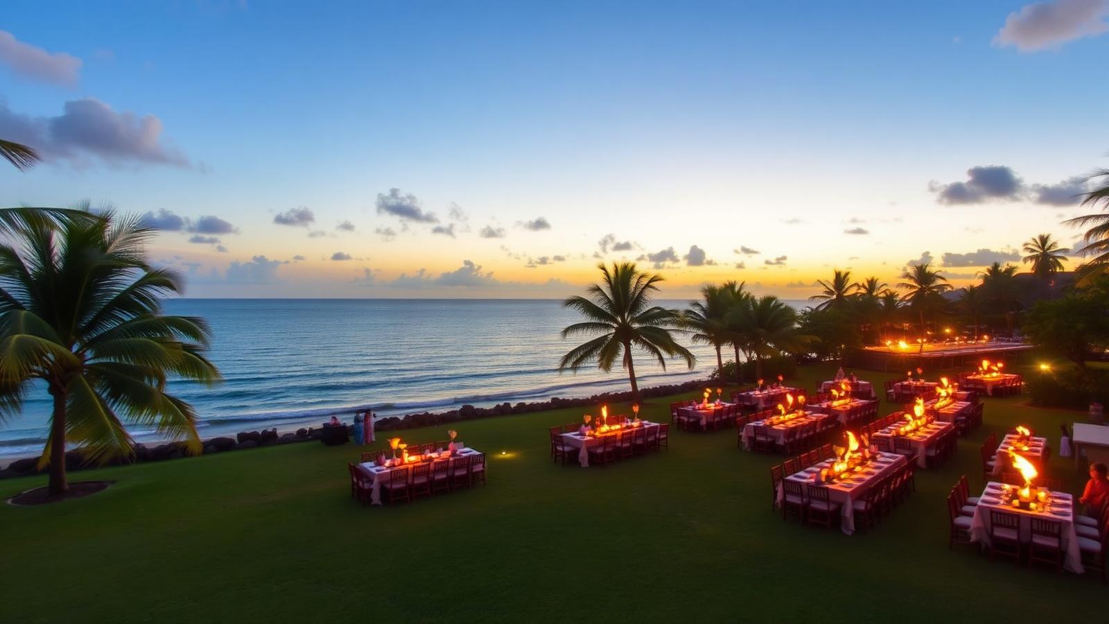 Oceanfront luau lawn on Maui at sunset with torches lit beside long dinner tables, palm trees and the Pacific behind