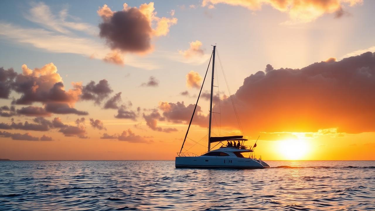 Sailing catamaran on calm ocean water at sunset off the Hawaiian coast with orange light across the horizon