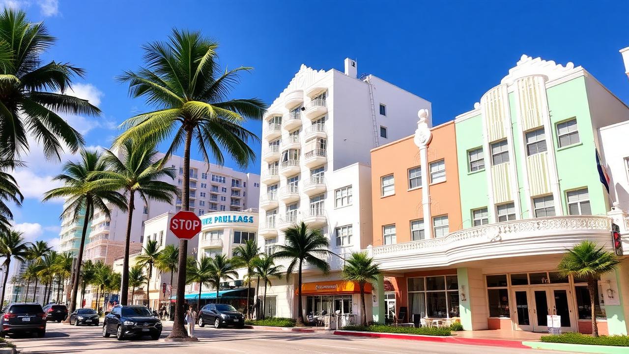 Pastel Art Deco hotel facades and palm trees along Ocean Drive in Miami Beach