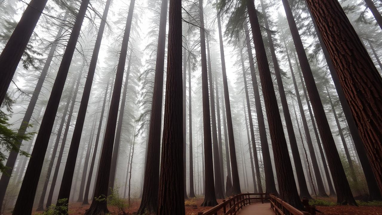 Tall coastal redwood trunks rising into fog above a wooden boardwalk trail on the forest floor