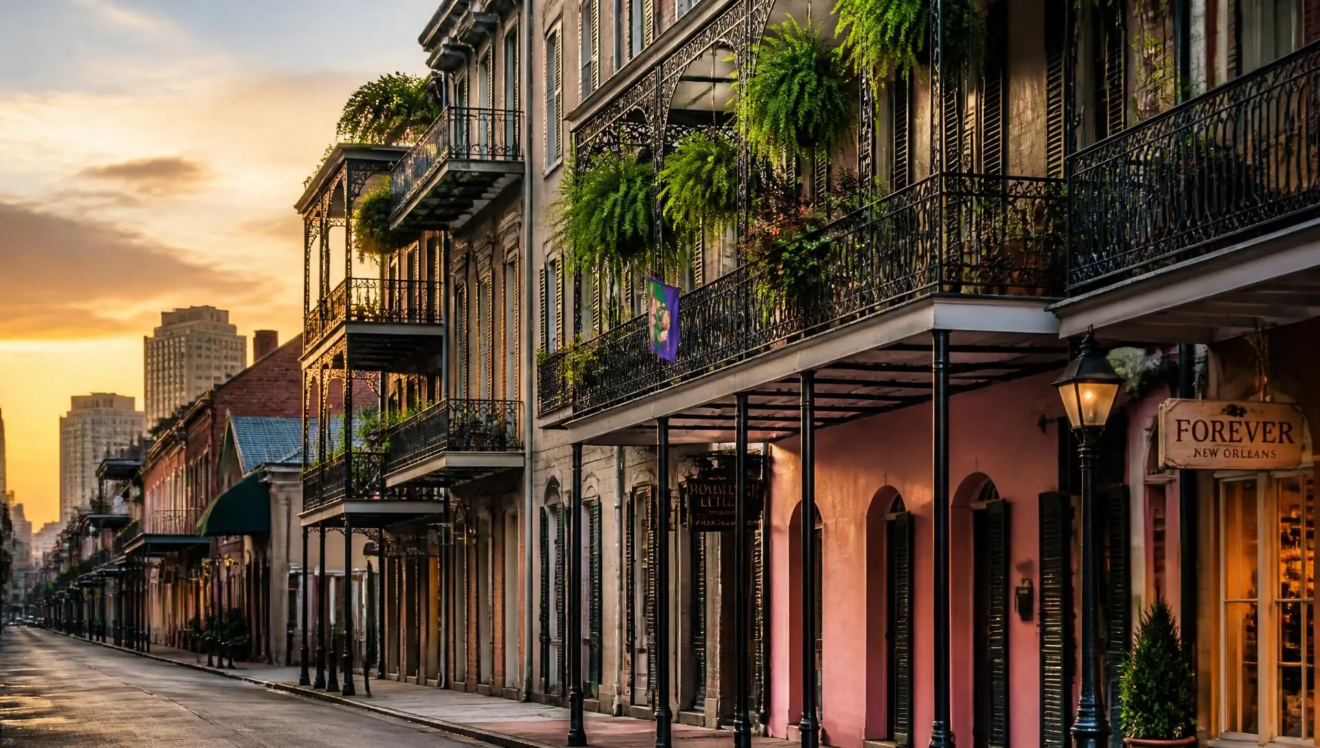 Cast-iron balconies on historic French Quarter buildings in New Orleans