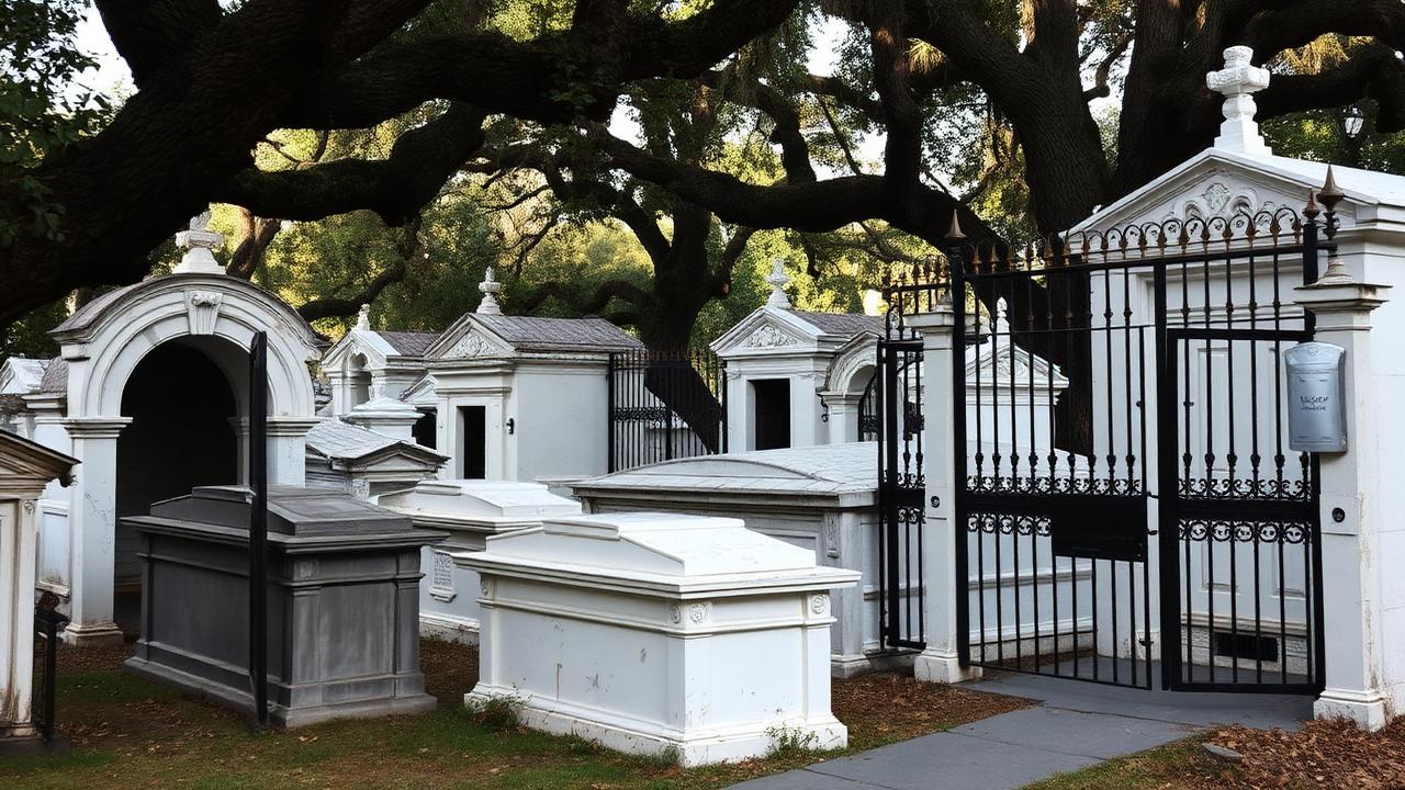 Whitewashed above-ground tombs behind an iron gate in a New Orleans cemetery, shaded by a spreading live oak
