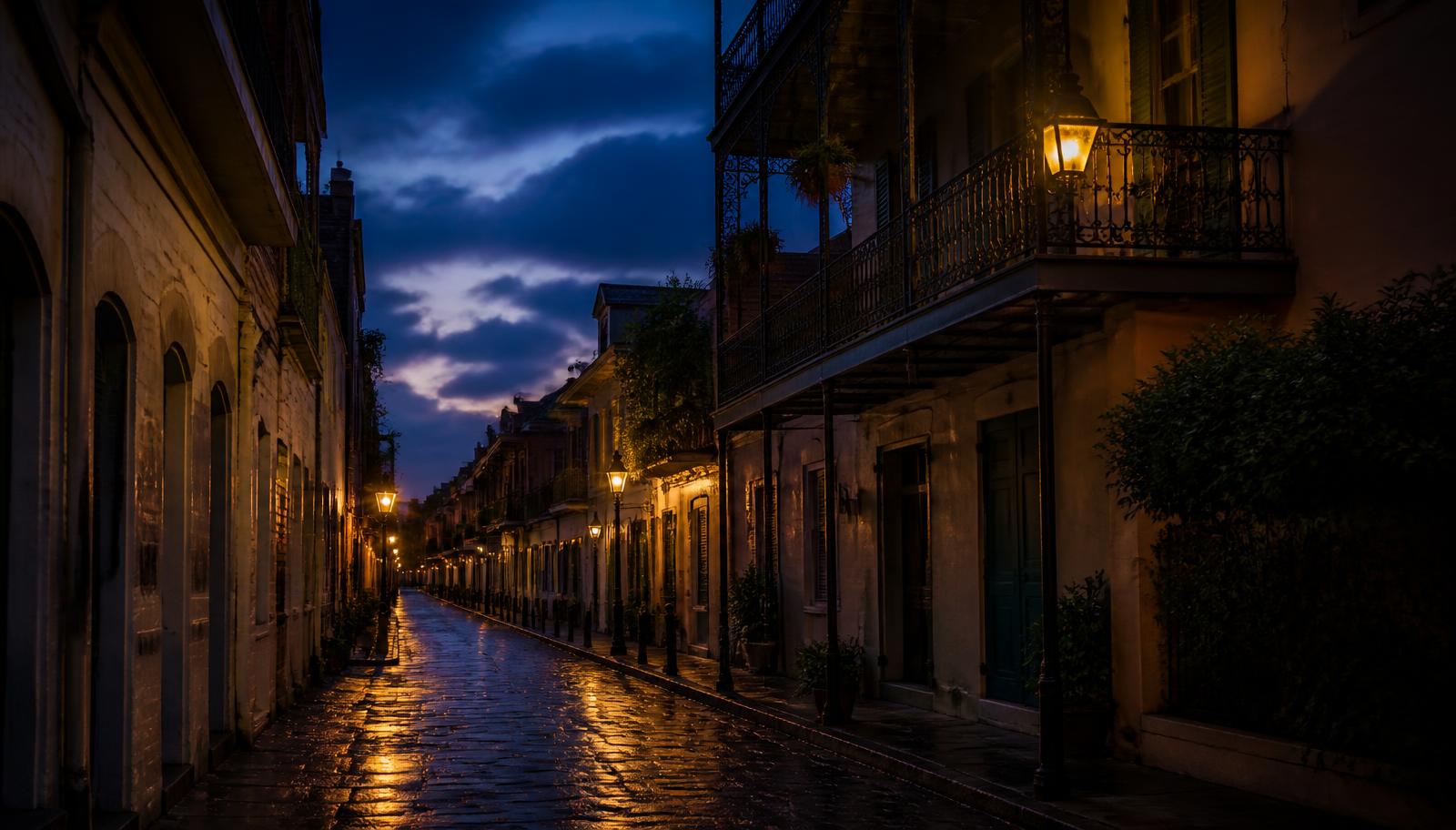 A gas lantern glowing on a wrought-iron balcony above a wet cobblestone French Quarter street at dusk