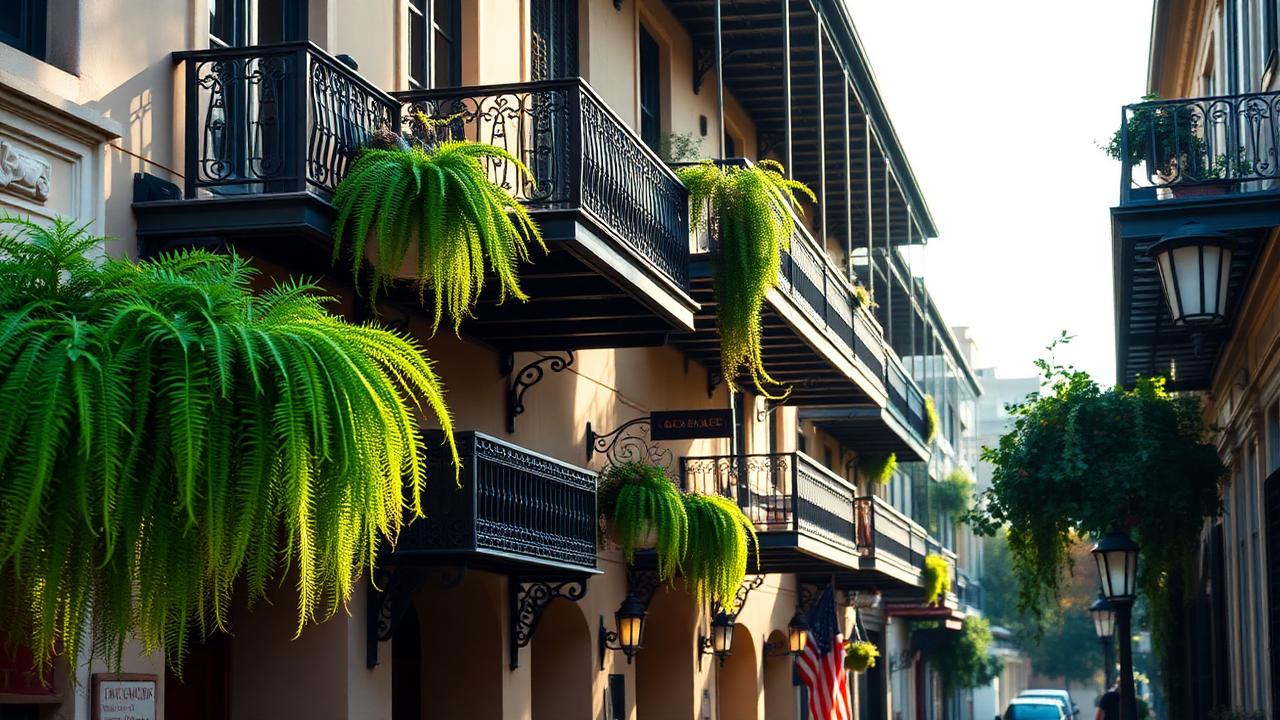 French Quarter street in New Orleans with wrought-iron balconies and hanging ferns in morning light