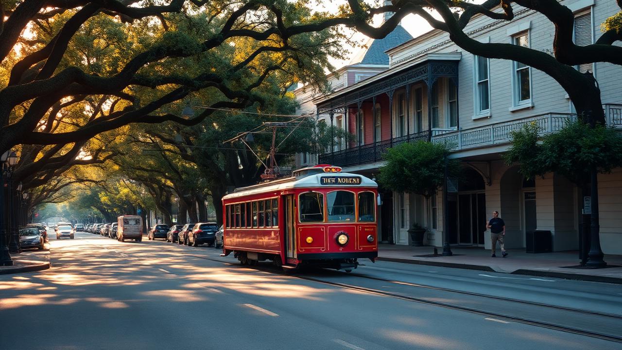 Red New Orleans streetcar passing wrought-iron balconies under oak trees in warm afternoon light