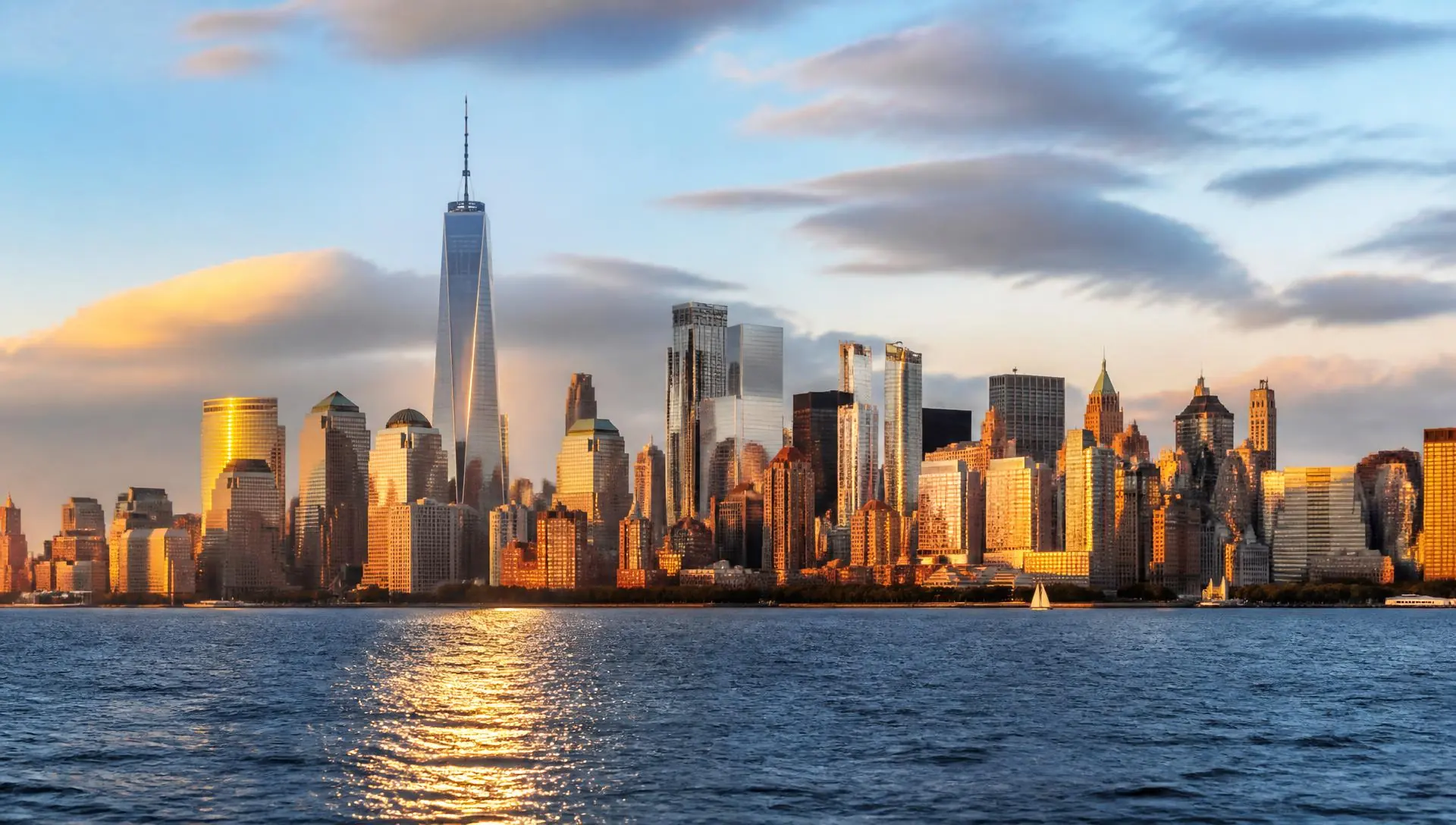 Lower Manhattan skyline and One World Trade Center at sunset in New York City