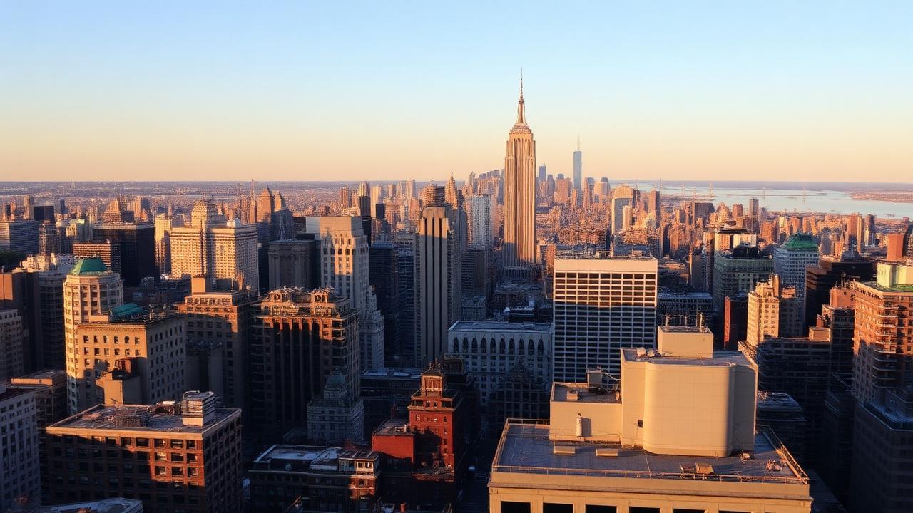 Manhattan skyline in late afternoon light seen from a rooftop, with the Empire State Building rising above midtown blocks