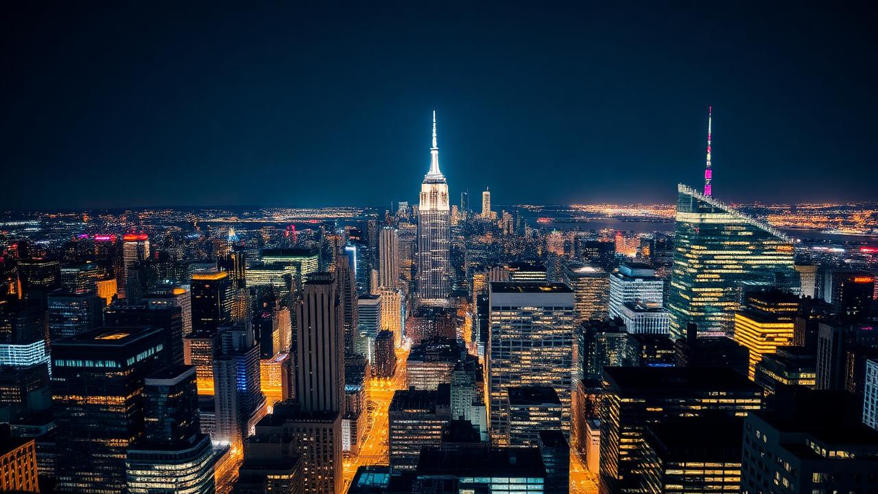 Illuminated Midtown Manhattan skyline seen from a high observation deck after dark