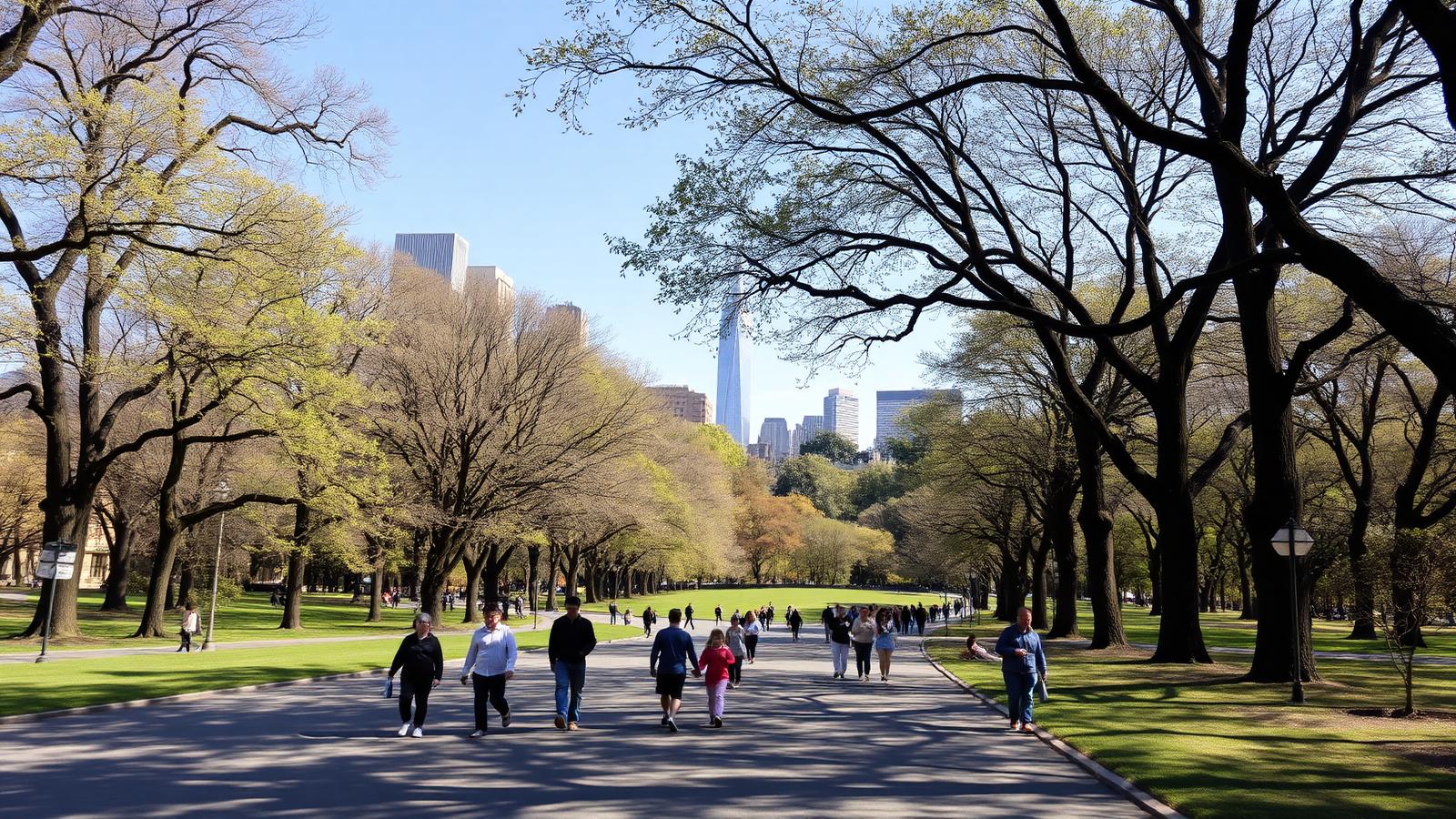 Families walking a wide tree-lined path in Central Park with Midtown Manhattan towers visible through the branches