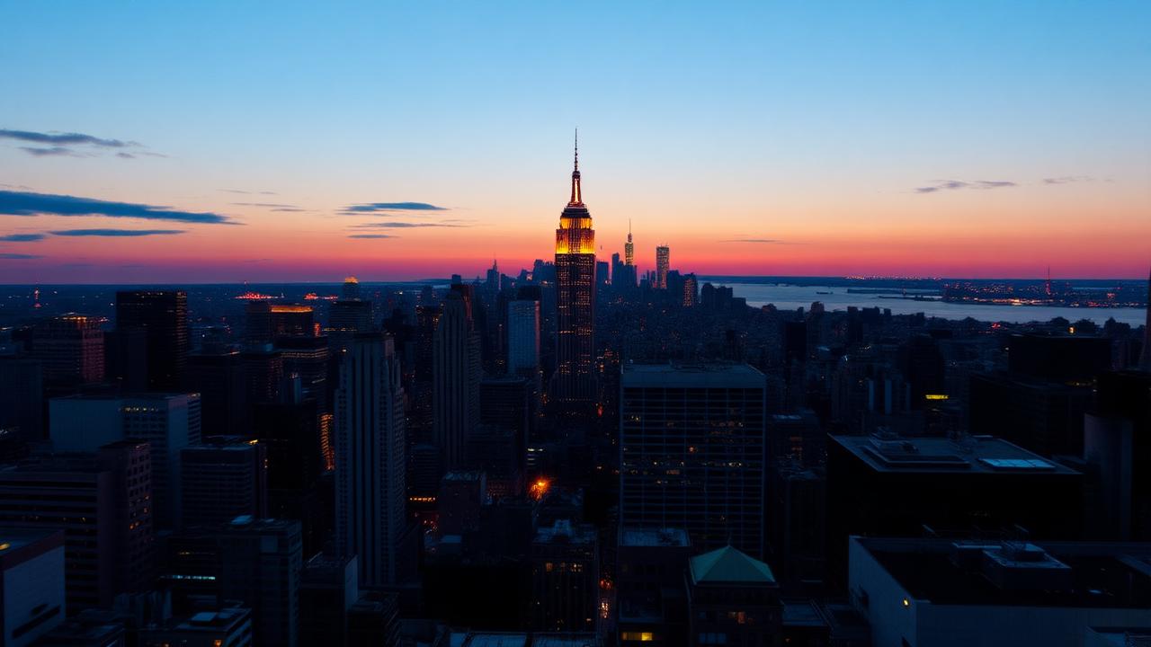 Midtown Manhattan rooftops at dusk with the Empire State Building lit against an orange sky