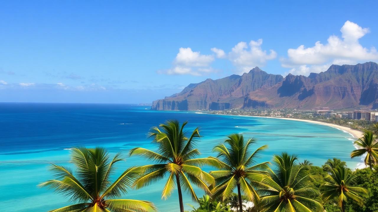 Turquoise water and a curved Oahu beach below steep green ridgelines, palm fronds in the foreground