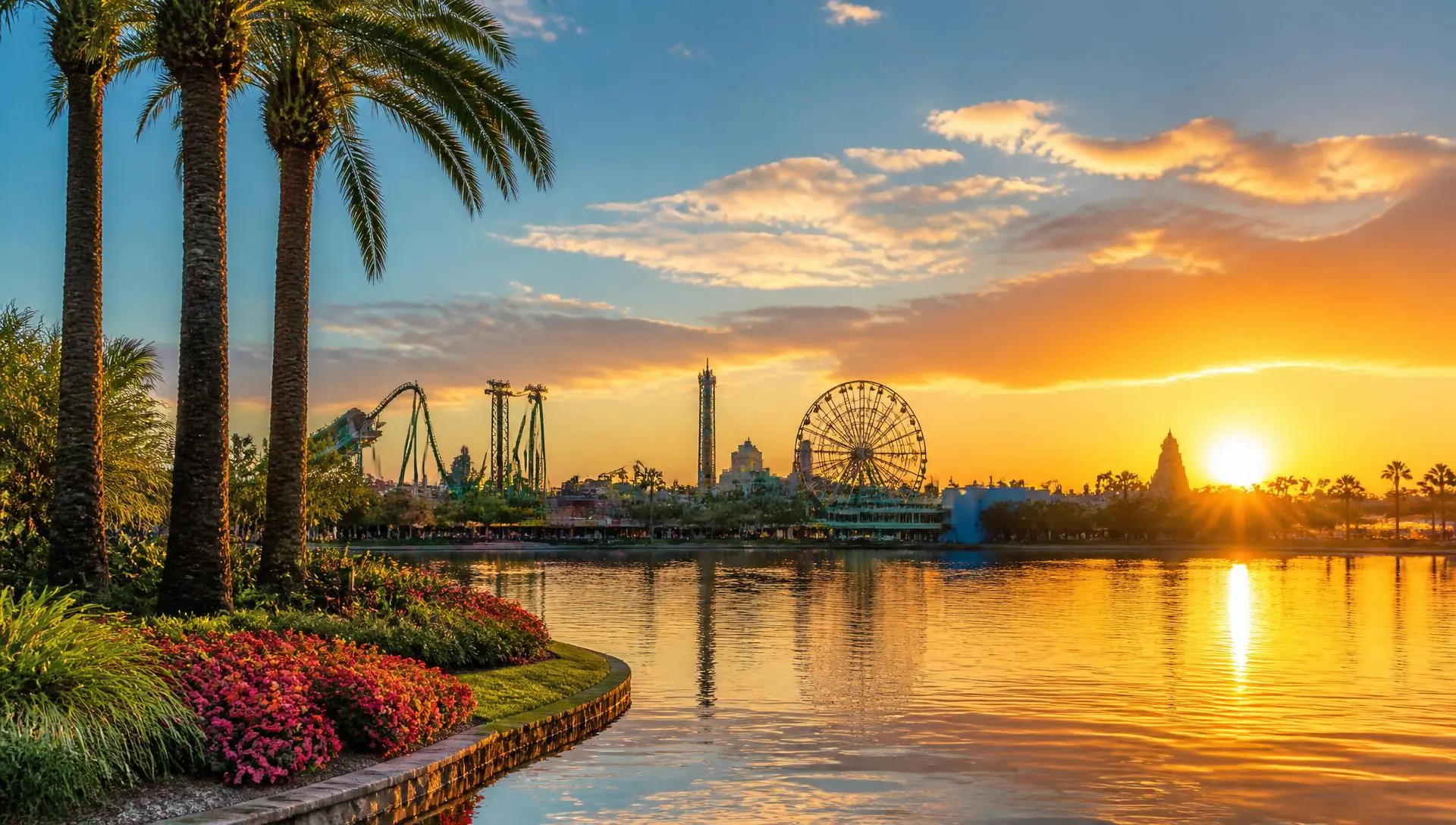 Theme park skyline and lake reflection at sunset near Orlando, Florida
