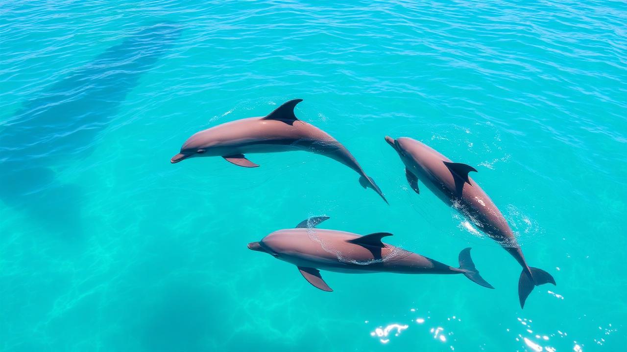 Three bottlenose dolphins swimming just below the surface of clear turquoise water seen from above
