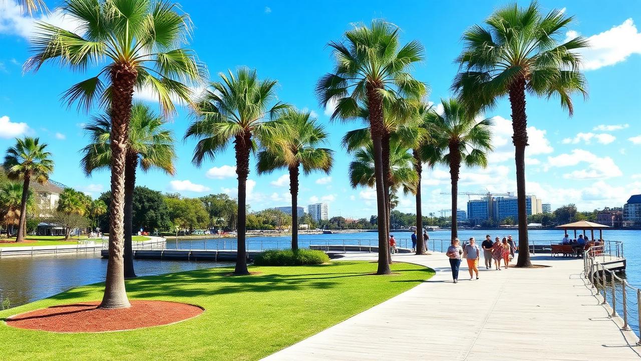 Palm trees and a lakeside boardwalk in a Central Florida park with people walking on a sunny day