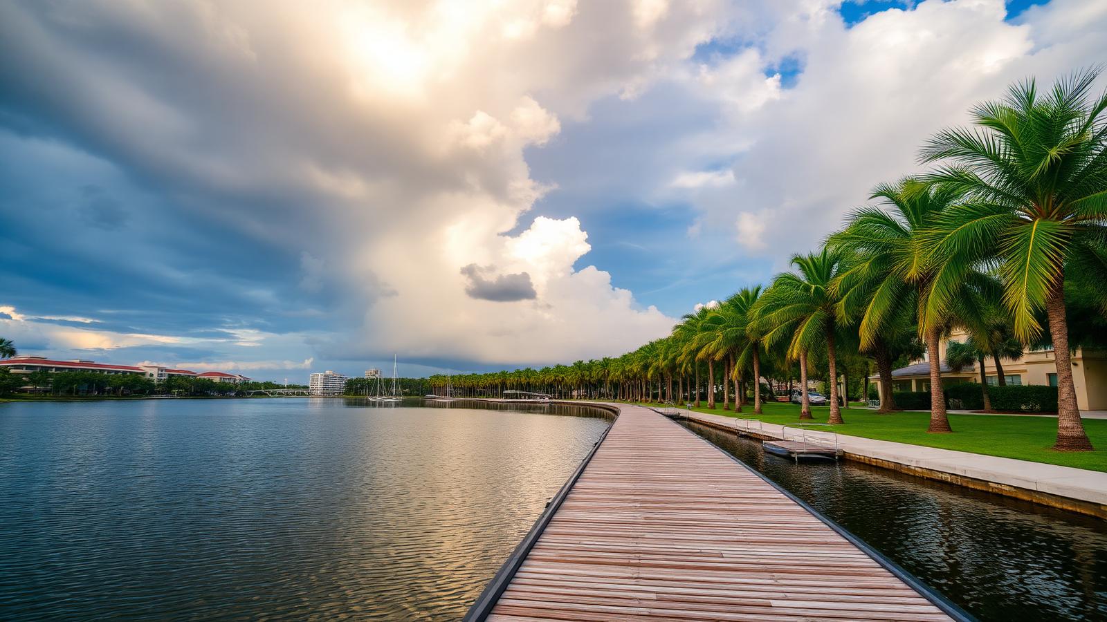 Palm-lined lakefront boardwalk in central Florida beneath tall late-afternoon storm clouds building over the water