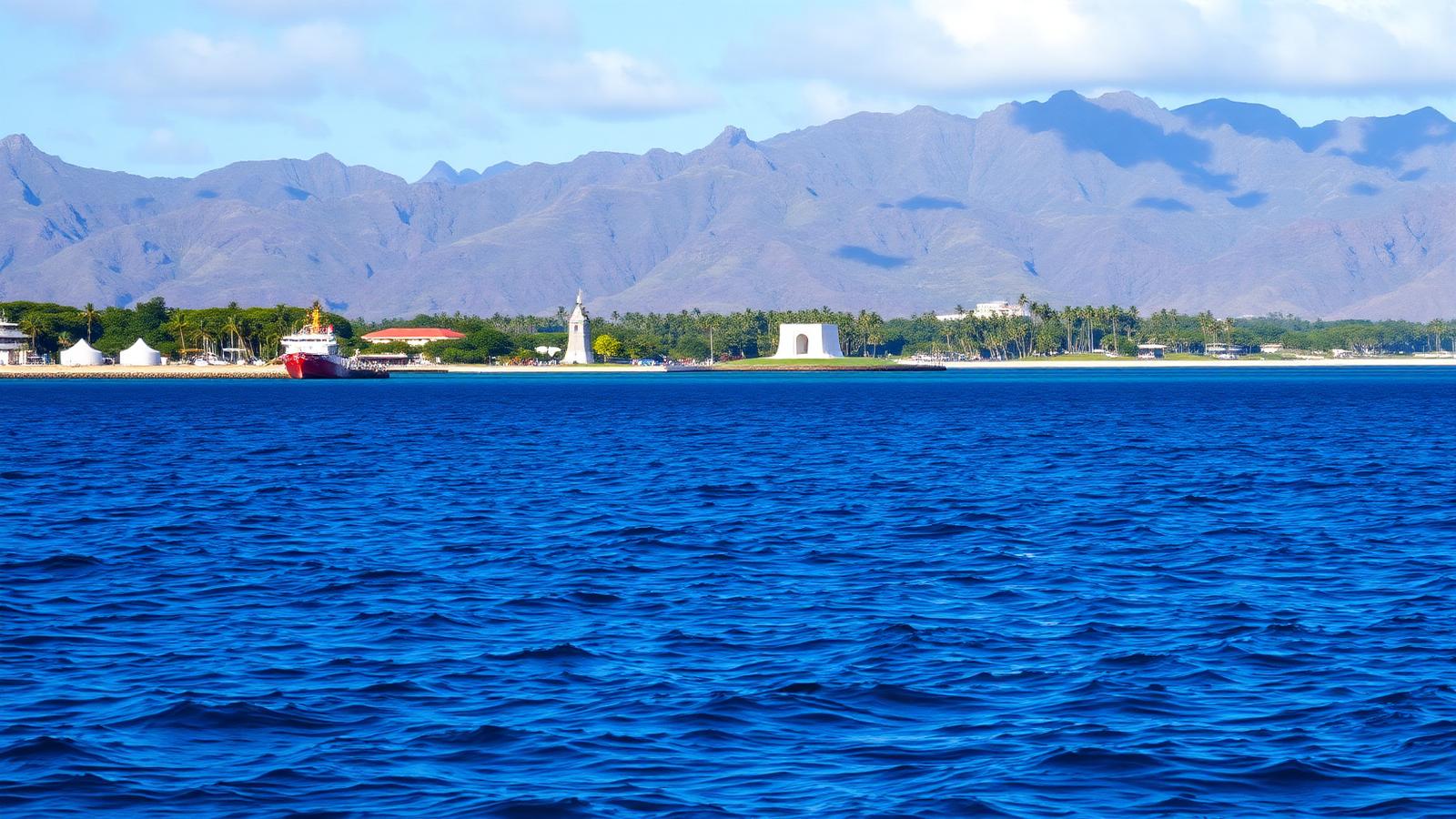 View across the blue water of Pearl Harbor on Oahu toward the shoreline memorial structures with the Koolau ridgeline behind
