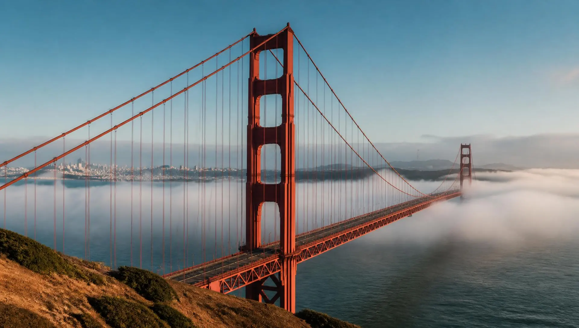 Golden Gate Bridge and San Francisco Bay with low fog