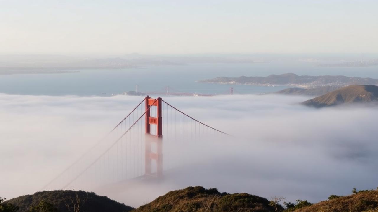 The Golden Gate Bridge's north tower rising above a low fog bank with San Francisco Bay behind