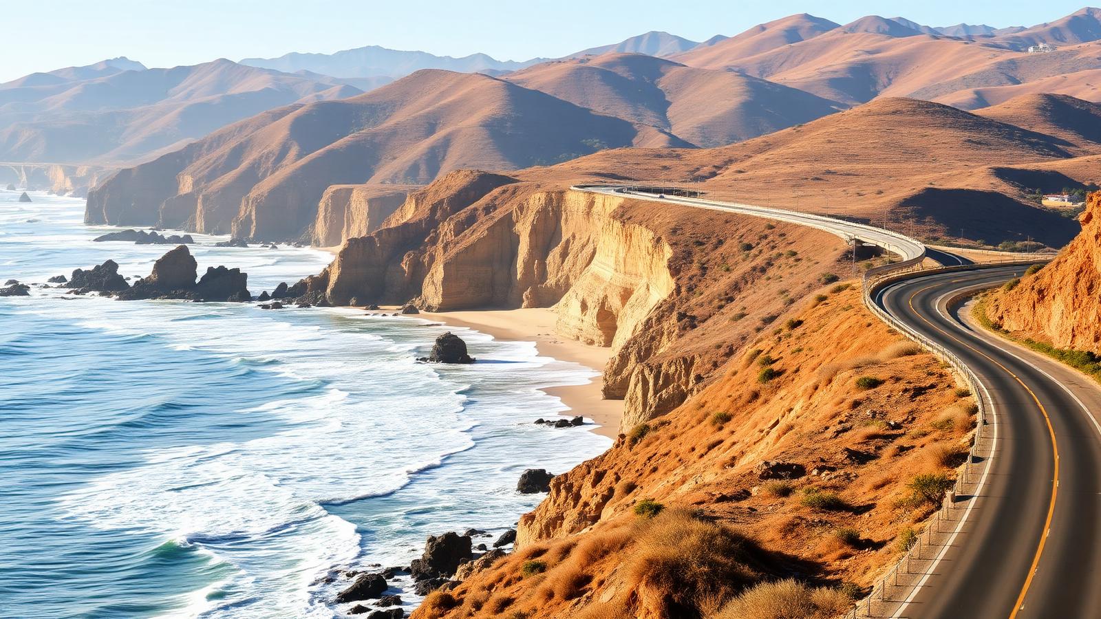 Southern California coastal highway curving along sandstone cliffs above the Pacific with dry golden hills rising inland