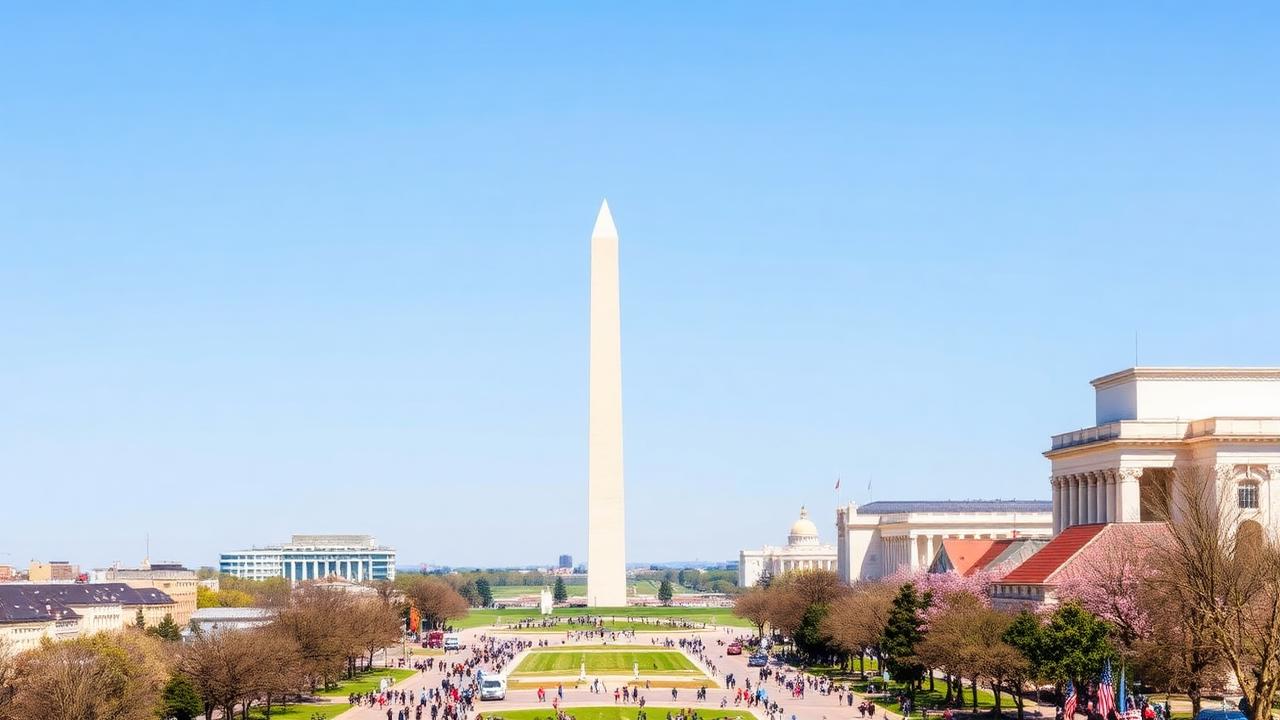 The National Mall in Washington, DC with the Washington Monument, museum buildings and spring blossom